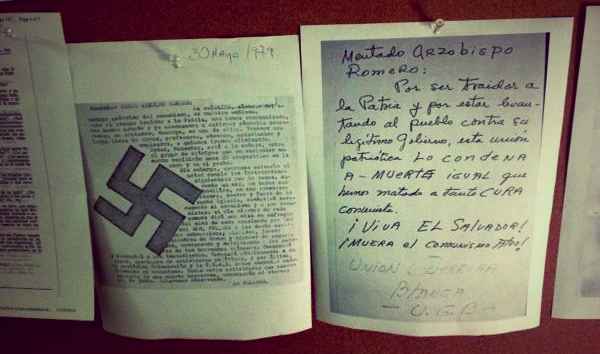 Copies of two death threats received by Monsignor Romero during his three years of archbishopric. One, signed by the "Unión guerrera blanca" and the other signed by "LaFalange".