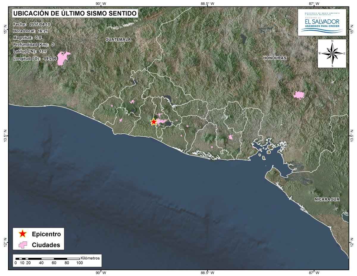 Según el MARN, el sismo registrado a las 4 pm, del lunes 10 de abril de 2017, fue de magnitud 3.8, y sucedió en Antiguo Cuscatlán, a 3 km al noreste de Santa Tecla. Tuvo una profundidad de 3 km.