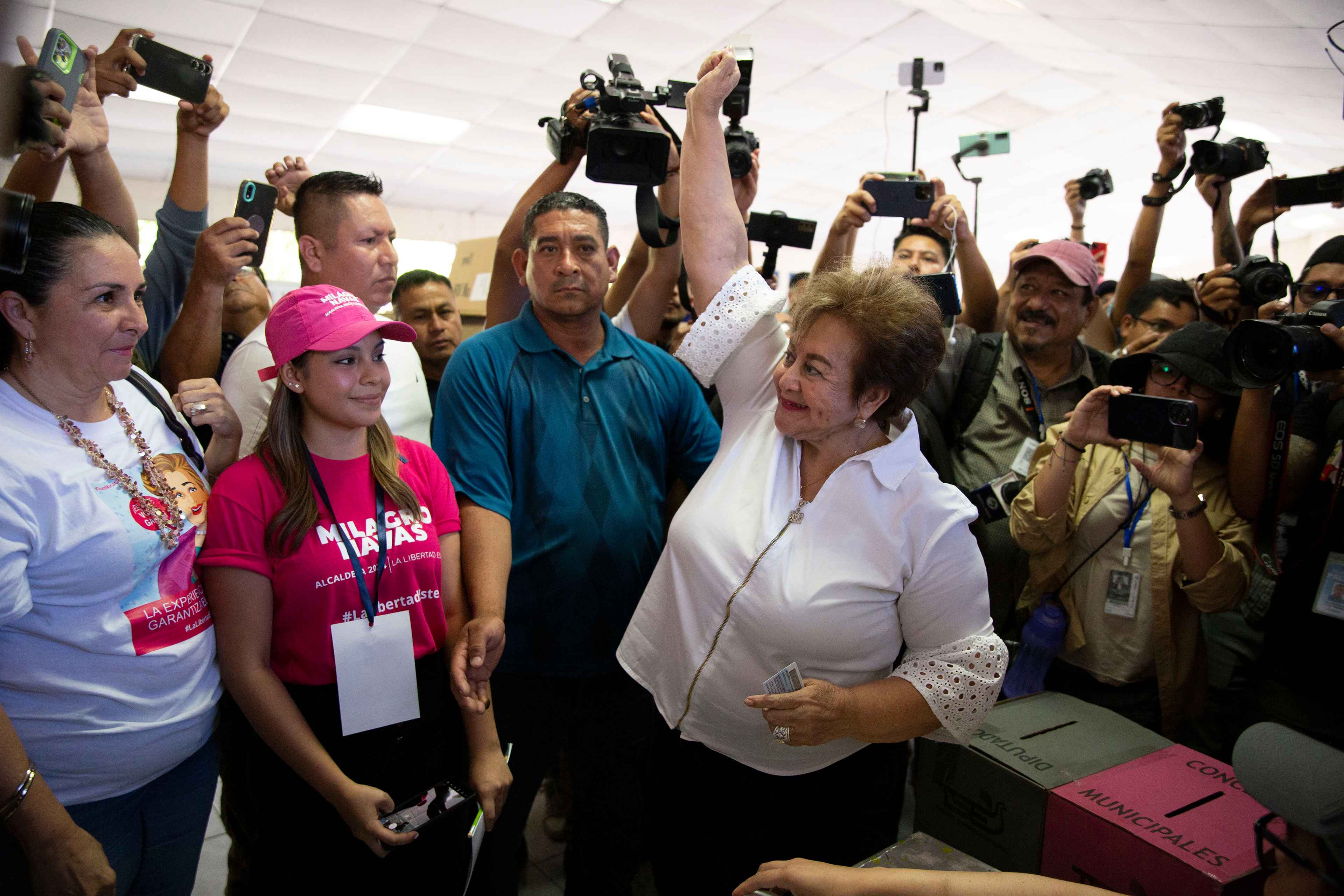 Milagro Navas of right-wing party Arena on Mar. 3, 2024, voting day for the municipal elections. She defeated Nayib Bukele's former economy minister Michelle Sol in claiming her thirteenth consecutive term as mayor in the newly redistricted municipality of La Libertad Este. Photo Víctor Peña