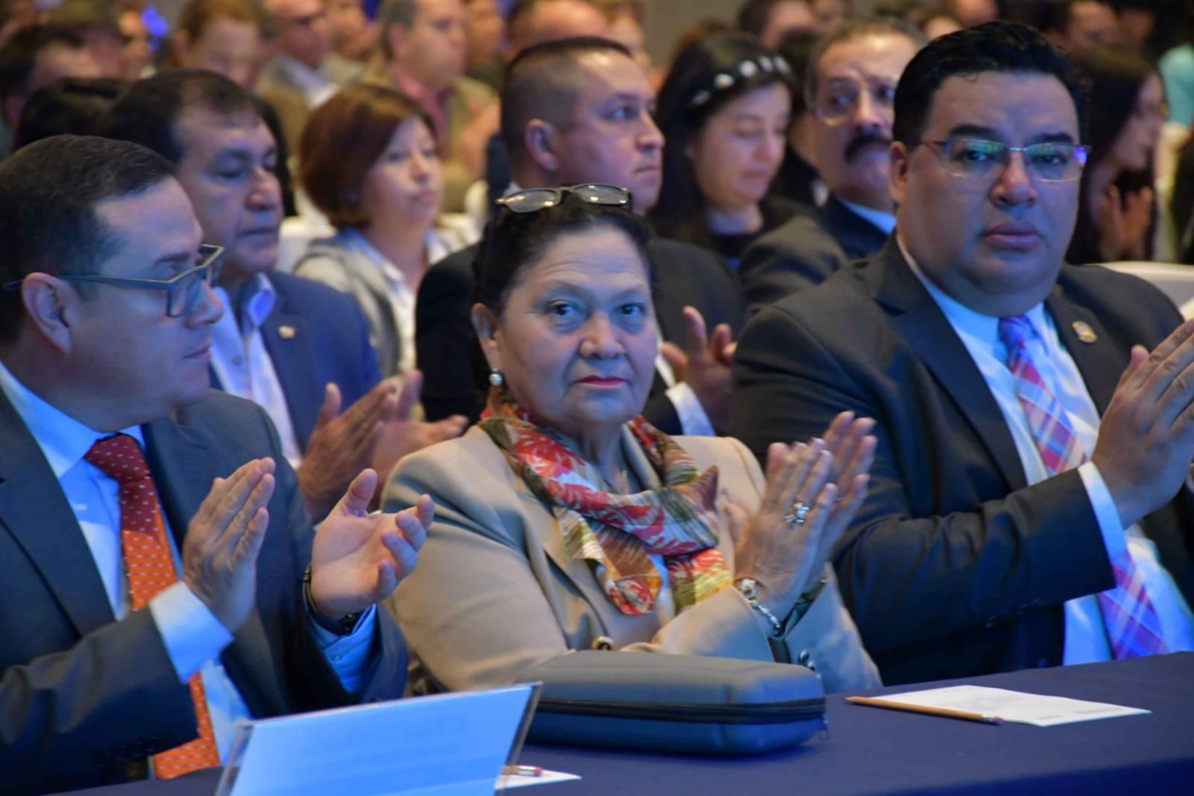 Guatemalan Attorney General Consuelo Porras (center) and Ángel Pineda, secretary-general of the Public Prosecutor's Office, attend a Labor Conference held by the conservative business association CACIF on May 8, 2024, in Guatemala City. Photo Public Prosecutor's Office