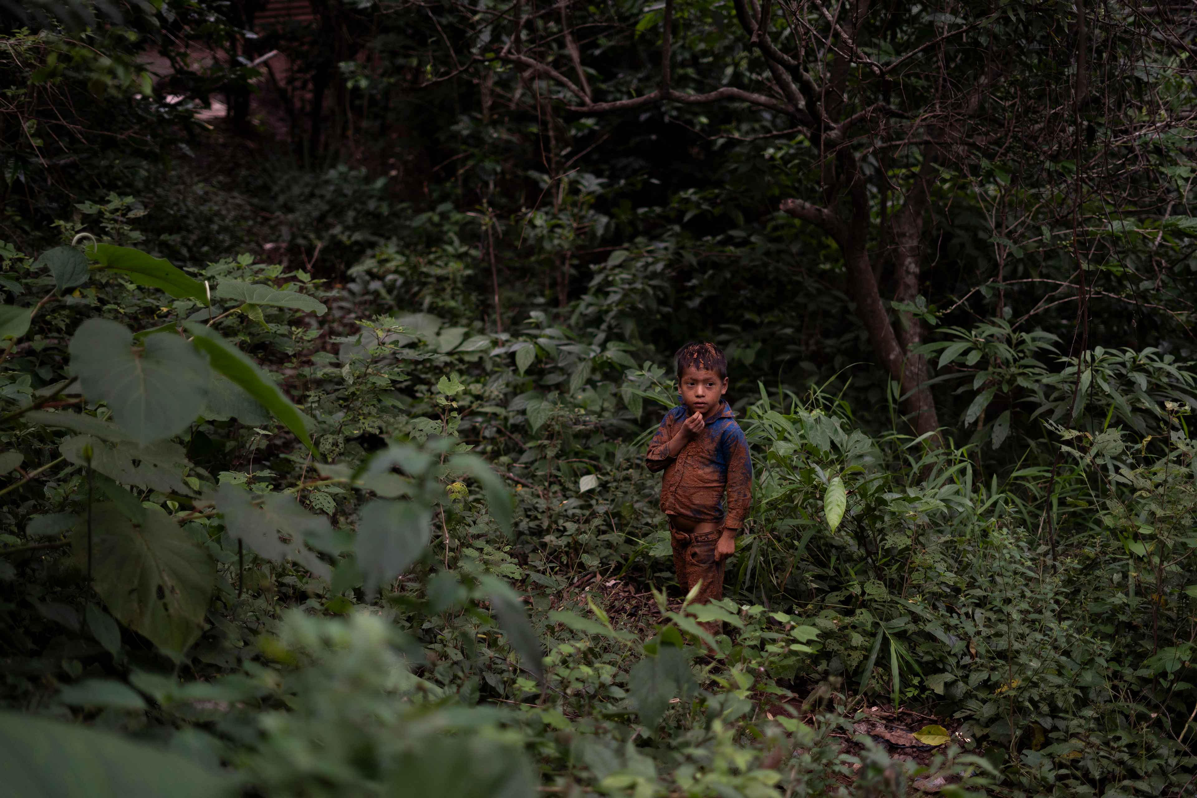 Hamilton was playing with some rocks when an adobe wall collapsed and buried his six-year-old body. No one saw it happen. He was trapped in the mud, but managed to pull himself out as best he could. He walked home alone to change his clothes. In La Ceiba Talquezal it is normal to see children walking alone, at any time and in any shape. There are others like Hamilton: Axel Pérez is ten years old. He started first grade in January 2024 and often wanders through the orchards in search of fruit to eat. During orange season, Axel will spend whole mornings under a big tree, eating as much fruit as he can. He always carries his machete, and he wears a red jacket with no buttons and black pants that he tucks inside his rubber boots. Three hundred meters from here, Jorvin would often run through the community’s small side streets, his face and clothes stained with “Nutri Niños,” the complementary food that the Guatemalan government distributes in rural communities to “reduce the country's malnutrition rates.” Jorvin liked to eat it as a treat, wrapped in a fig leaf.