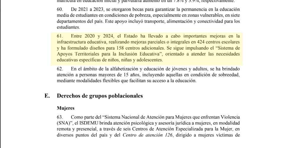 Fragmento de la página 10 del  informe presentado por el Estado salvadoreño a Naciones Unidas en octubre de 2024