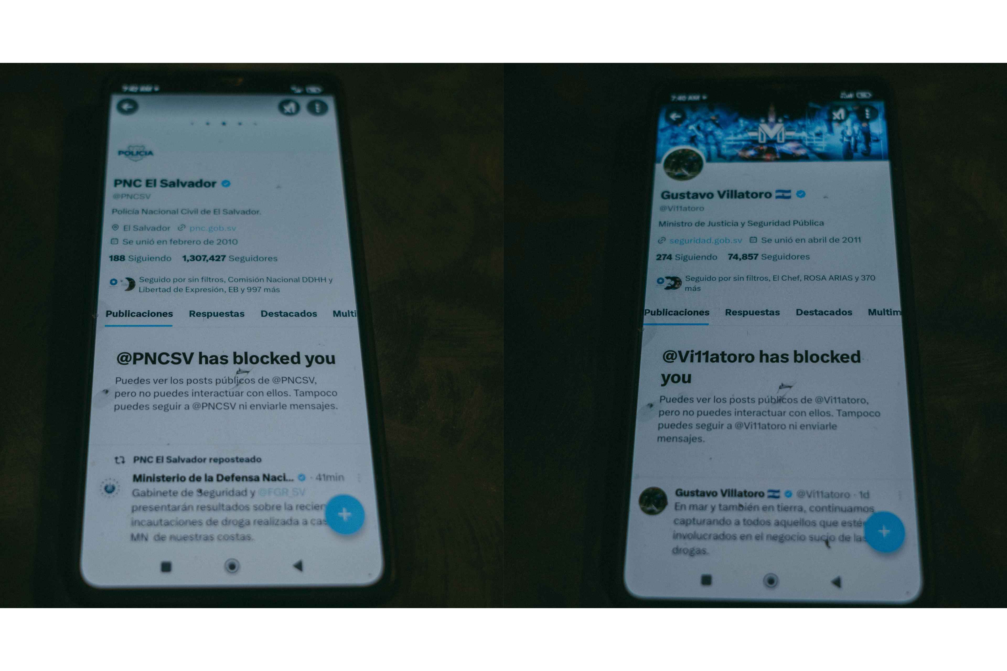 Las cuentas oficiales de X de la Policía Nacional Civil y del Ministro de Justicia y Seguridad, Gustavo Villatoro, bloquearon la cuenta de Carlos Ernesto Santos Abarca. Dicha cuenta es utilizada por Eneida para hacer campaña para encontrar a su hijo. El bloqueo se dió después de que Eneida les escribiera para exigir información de su caso: “Supongo que es porque ellos no quieren que salga algo como esto en un país cool . Ellos quieren invisibilizar, ¿pero yo, qué culpa tengo?’’, dijo Eneida. Las cuentas oficiales de X del presidente Nayib Bukele y Casa Presidencial bloquearon la cuenta usada por Eneida días antes de la publicación de esta historia. La actividad de bloqueos en X es realizada por funcionarios públicos hacia personas que les parecen incómodas, como periodistas y activistas de derechos humanos.