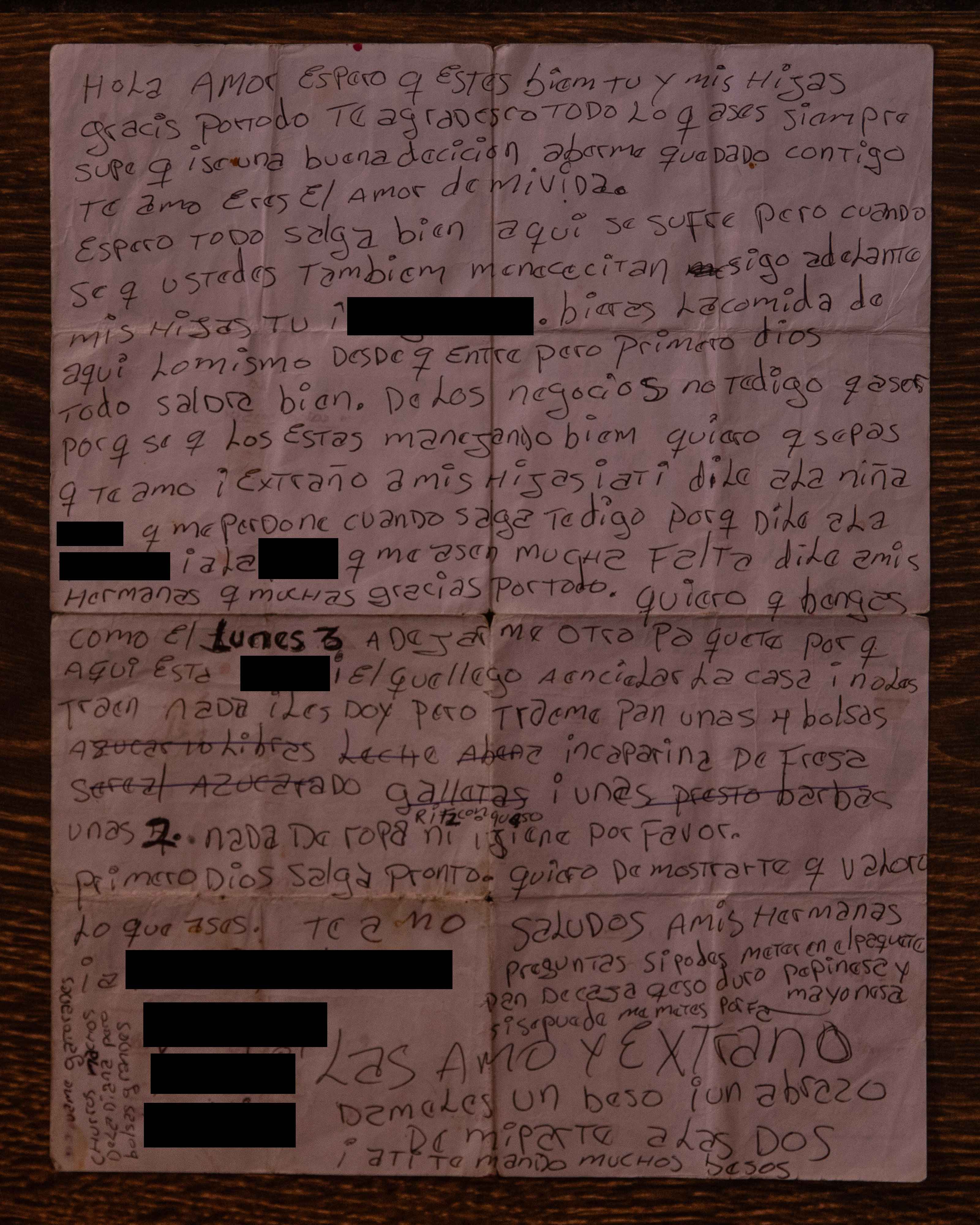 Letter sent by Mary’s husband from the Quezaltepeque Prison via a guard. Mary admits that they exchanged four letters. The family paid a total of $1,200. Photo Carlos Barrera