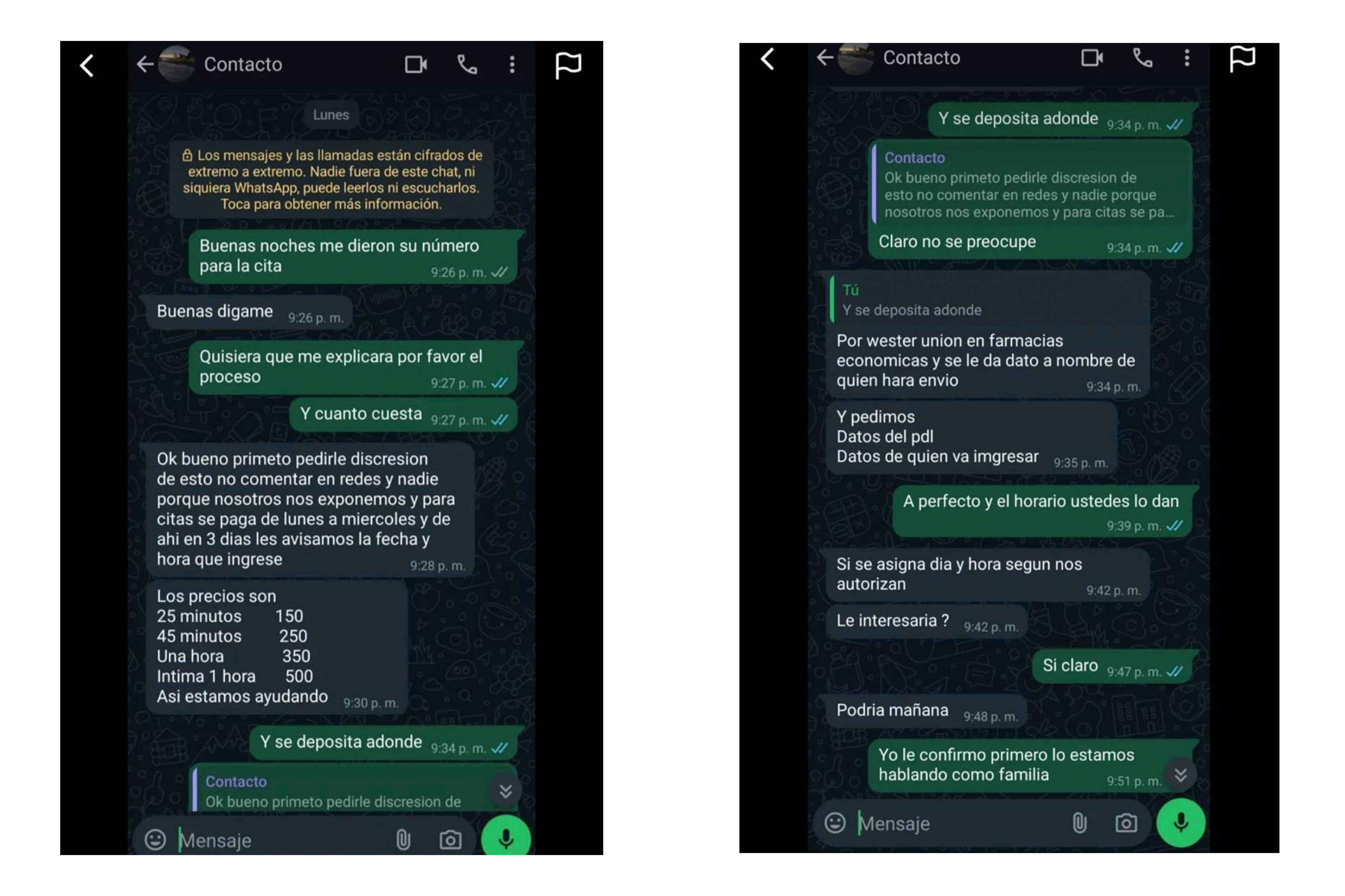 A conversation on WhatsApp between an intermediary and the family of a detainee at Mariona discussing different visitation packages. Photo courtesy of UNIDEHC
